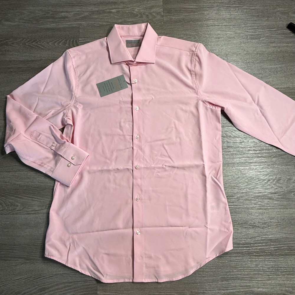 Perry Ellis Portfolio Performance Tech Slim Fit Dress Shirt Pink Mens M 15-15.5